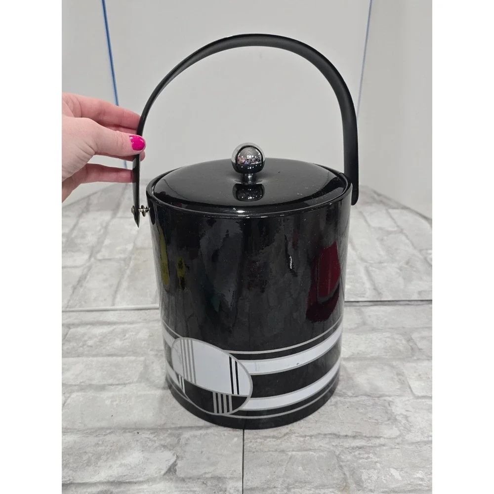 Georges Briard True Vtg Black White Art Deco Vinyl Ice Bucket Geometric Abstract